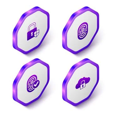Set Isometric Shield security with lock, Fingerprint, and Cloud computing icon Stock Illustration