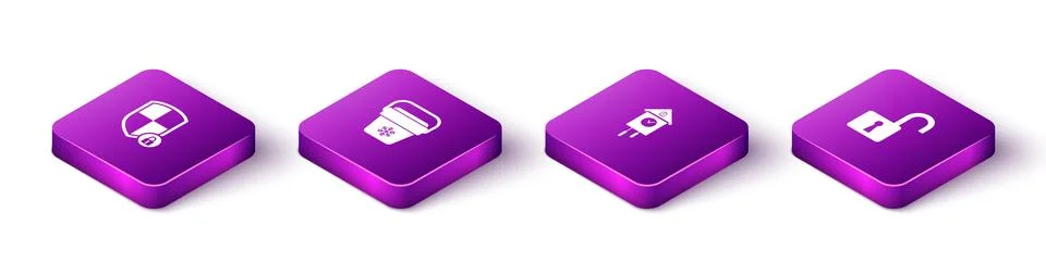 Set Isometric Shield security with lock, Cooler bag, Retro wall watch and Ope Stock Illustration