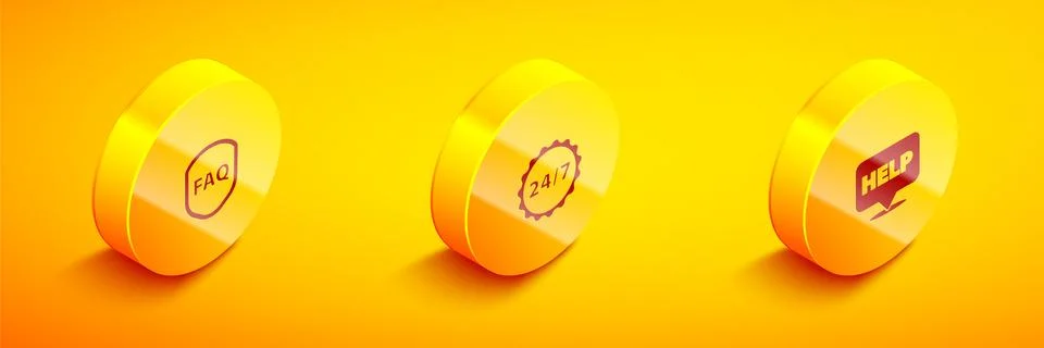 Set Isometric Shield with text FAQ, Clock 24 hours and Speech bubble Help icon Stock Illustration