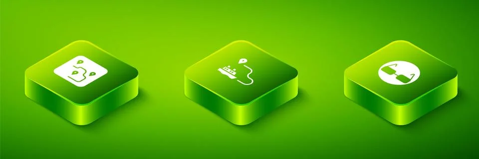 Set Isometric Ship line path, Glasses and Route location icon. Vector Illustrazione stock