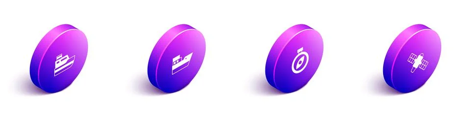 Set Isometric Ship line path, , Compass and Satellite icon. Vector Stock Illustration