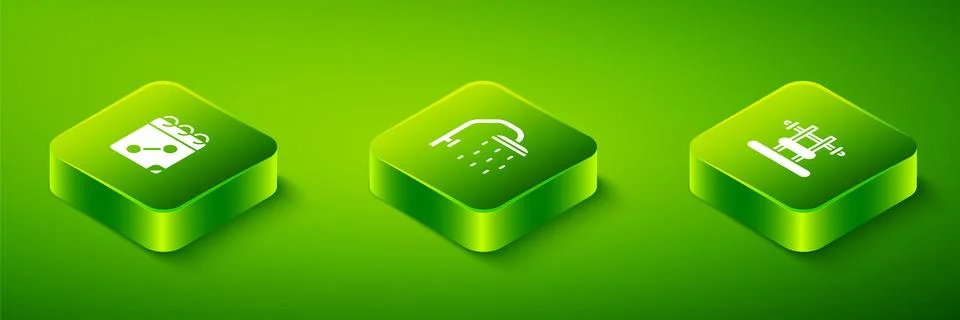 Set Isometric Shower head, Bench with barbel and Calendar fitness icon. Vector Stock Illustration