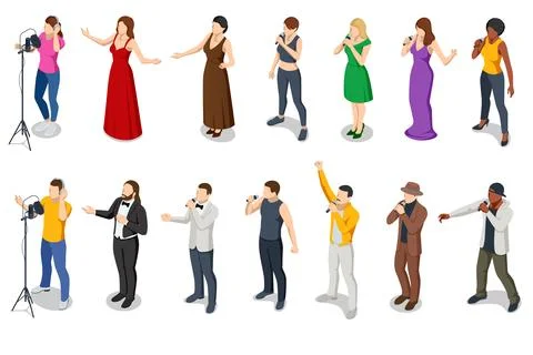 A set of isometric silhouette opera vocalists, rock stars, singer-pop, country Stock Illustration
