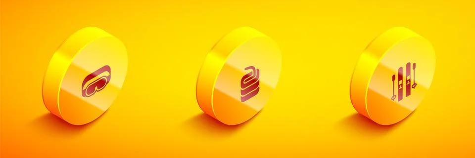 Set Isometric Ski goggles, Stone for curling and and sticks icon. Vector Illustration