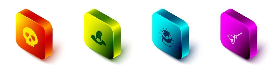 Set Isometric Skull, Witch hat, Magic ball and Witches broom icon. Vector Stock Illustration
