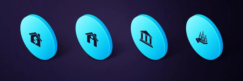 Set Isometric Skyscraper, Museum building, House and with dollar symbol icon Ilustración de archivo
