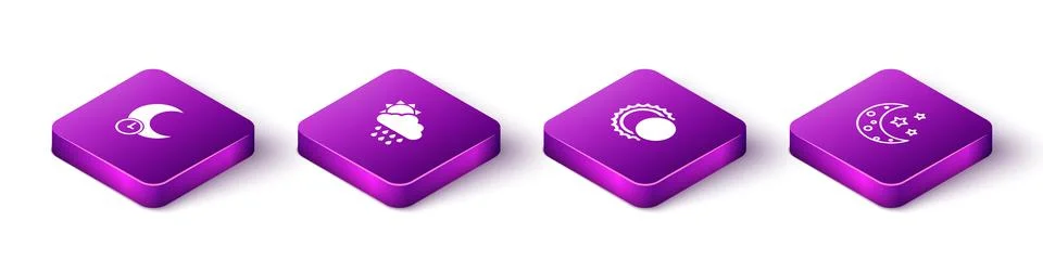 Set Isometric Sleeping moon, Cloud with rain and sun, Eclipse of the and Moon Ilustração Stock