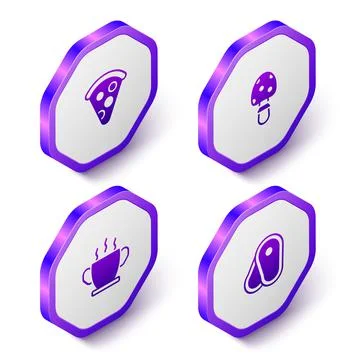 Set Isometric Slice of pizza, Fly agaric mushroom, Bowl hot soup and Steak meat Illustrazione stock