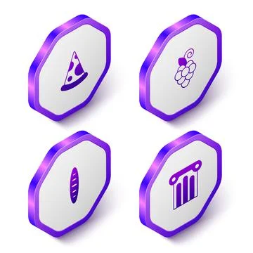 Set Isometric Slice of pizza, Grape fruit, French baguette bread and Ancient Stock Illustration