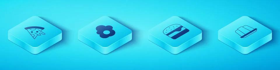 Set Isometric Slice of pizza, Scrambled egg, Jelly cake and Burger icon. Vect Stock Illustration