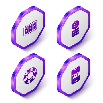 Set Isometric Slot machine with jackpot, Casino chip dollar, chips and Onli.. Stockillustratie
