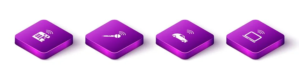 Set Isometric Smart coffee machine, Wireless microphone, car system with wire Illustrazione stock