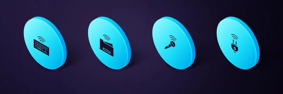 Set Isometric Smart electric plug, Wireless microphone, printer and keyboard Stock Illustration