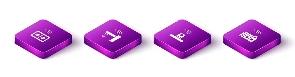 Set Isometric Smart electrical outlet, water tap, security camera and home with Stock Illustration