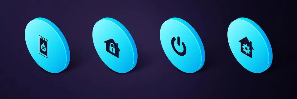 Set Isometric Smart home settings, Power button, House under protection and Illustrazione stock