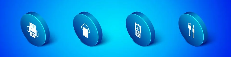 Set Isometric Smart printer system, Walkie talkie, USB cable cord and Cloud Stock Illustration