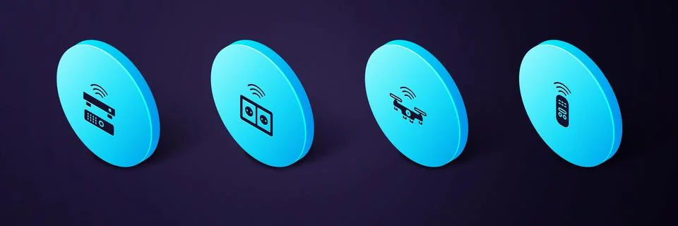 Set Isometric Smart remote control, drone, electrical outlet and Wireless TV  Stock Illustration
