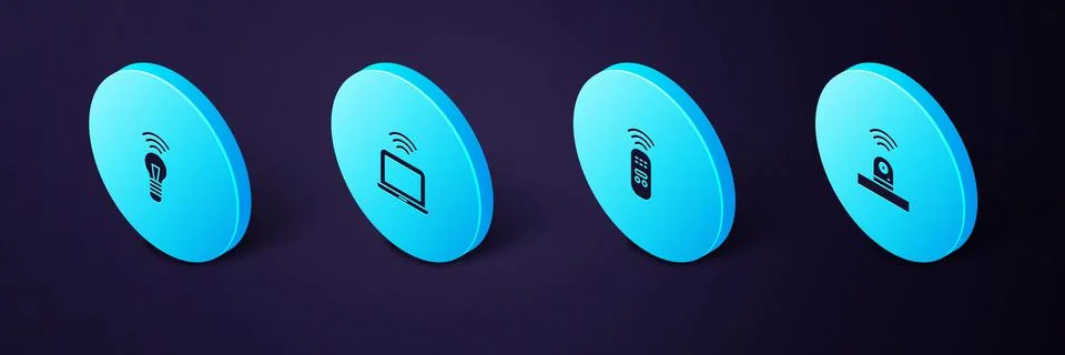 Set Isometric Smart security camera, remote control, Wireless laptop and light Stock Illustration