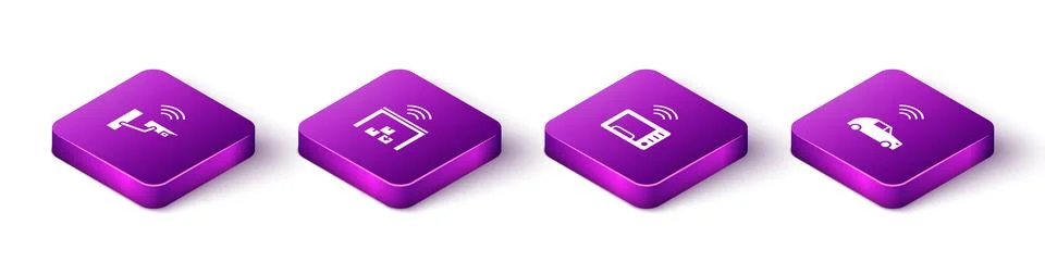 Set Isometric Smart security camera, warehouse, microwave oven and car system Stock Illustration