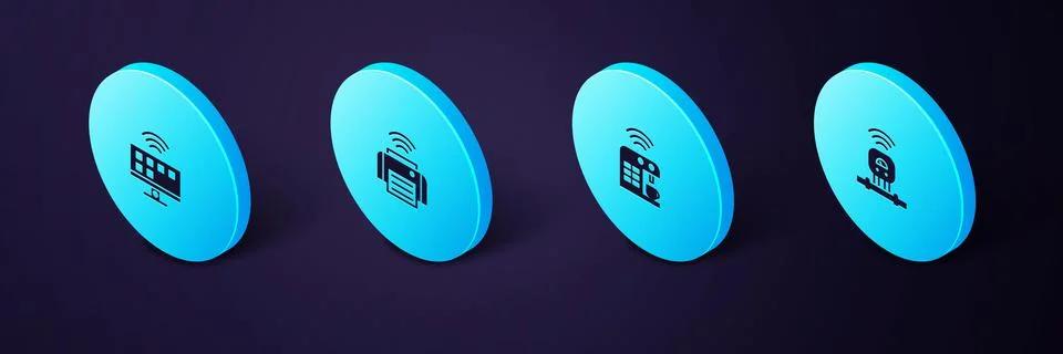 Set Isometric Smart sensor, coffee machine, printer and Tv system icon. Vector Stock Illustration