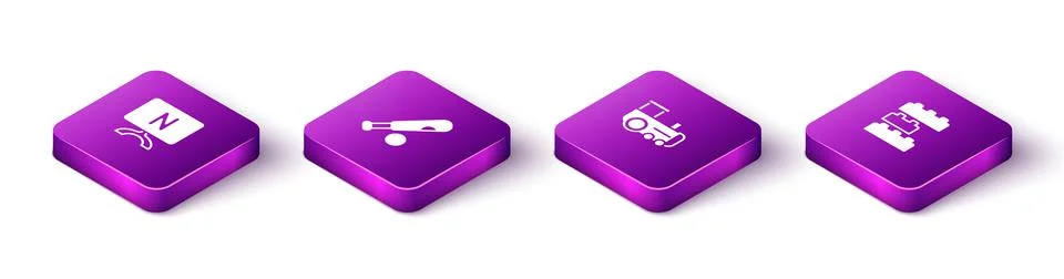 Set Isometric Smart Tv, Baseball bat with ball, Toy train and building block Ilustración de archivo
