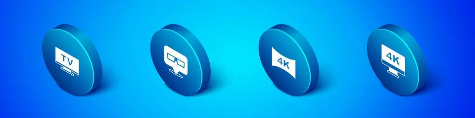 Set Isometric Smart Tv, Screen tv with 4k, and 3D cinema glasses icon. Vector Stock Illustration