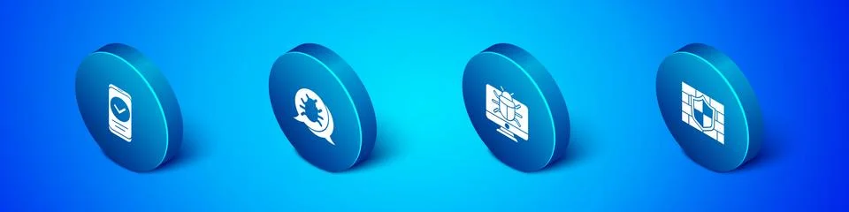 Set Isometric Smartphone, System bug monitor, Shield with brick wall and icon 스톡 일러스트