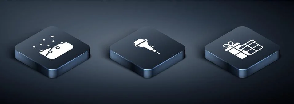 Set Isometric Snowfall, Gift box and Microphone icon. Vector 스톡 일러스트