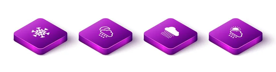 Set Isometric Snowflake, Cloud with snow and moon, rain and sun icon. Vector Ilustração Stock