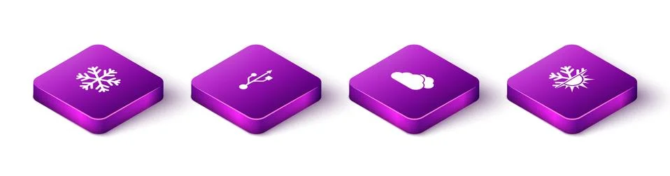 Set Isometric Snowflake, USB, Cloud and Sun and snowflake icon. Vector Stock Illustration