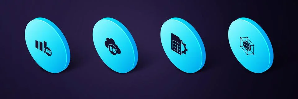 Set Isometric Social network, Sim card setting, Cloud 5G and icon. Vector Stockillustratie