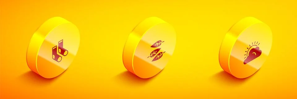 Set Isometric Socks, Leaf or leaves and Sun and cloud weather icon. Vector Stock Illustration