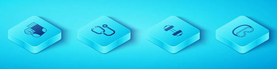 Set Isometric Socks, Stethoscope, Eye sleep mask and Dumbbell icon. Vector Stock Illustration