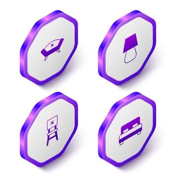 Set Isometric Sofa, Table lamp, Chair and Big bed icon. Purple hexagon button Stock Illustration