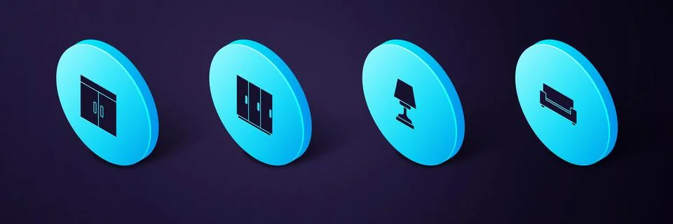 Set Isometric Sofa, Table lamp, Wardrobe and  icon. Vector Illustrazione stock