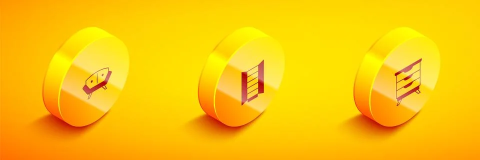 Set Isometric Sofa, Wardrobe and Furniture nightstand icon. Vector Illustrazione stock