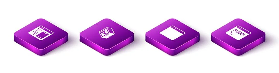 Set Isometric Software, Computer, Browser window and Code terminal icon. Vector Stock Illustration
