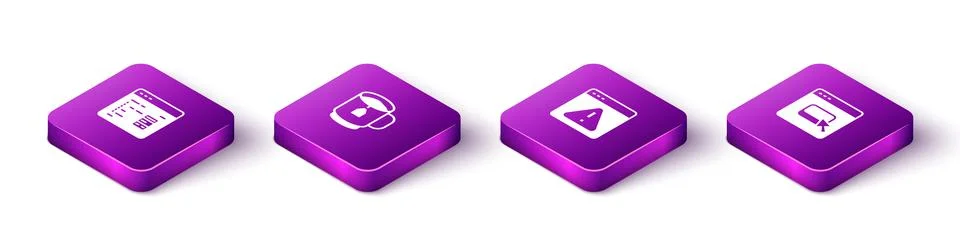Set Isometric Software, Cup tea with tea bag, Browser exclamation mark and files Stock Illustration