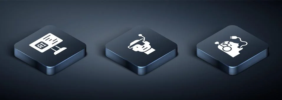 Set Isometric Software, Robot charging battery and Smart glasses icon. Vector Stock Illustration