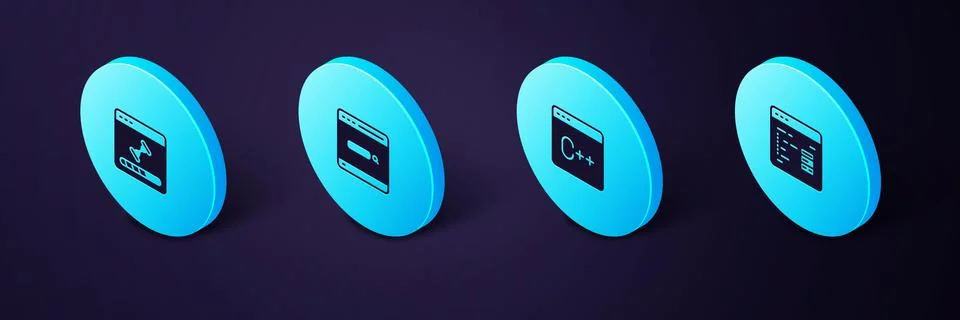 Set Isometric Software, , Search engine and Loading data window icon. Vector Stock Illustration