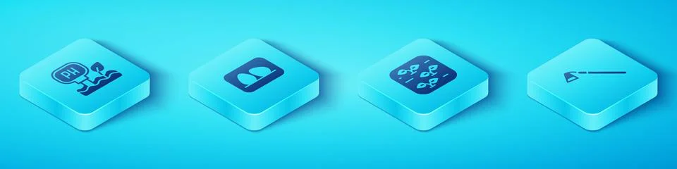 Set Isometric Soil ph testing, Chicken egg, Garden hoe and Plant icon. Vector Stock Illustration