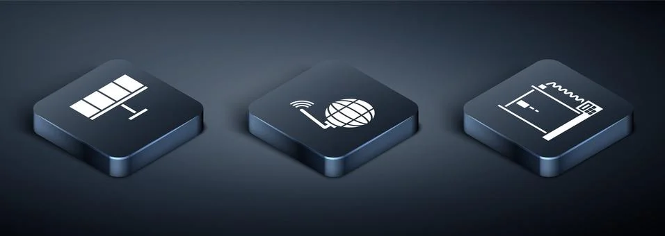 Set Isometric Solar energy panel, 3D printer and Social network icon. Vector Illustrazione stock