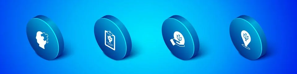 Set Isometric Solution to the problem, Psychology, Psi, and icon. Vector Illustrazione stock