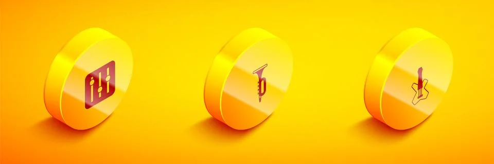 Set Isometric Sound mixer controller, Trumpet and Electric bass guitar icon.. Ilustração Stock