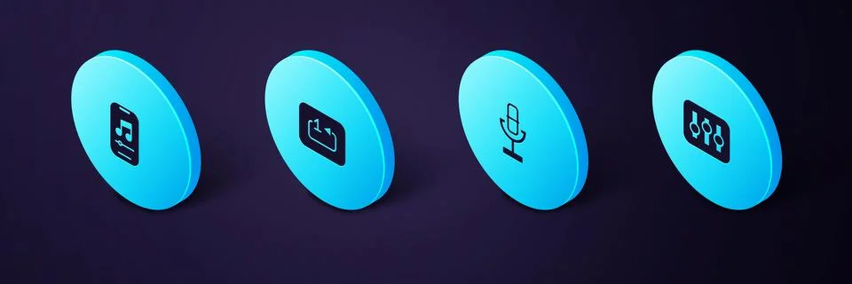 Set Isometric Sound mixer controller, Microphone, Repeat track music player.. Illustrazione stock