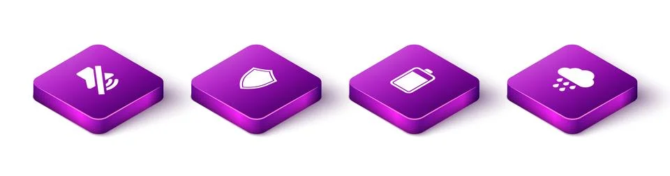 Set Isometric Speaker mute, Shield, Battery and Cloud with rain icon. Vector Stock Illustration