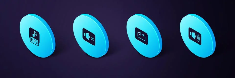 Set Isometric Speaker volume, Repeat track music player, mute and MP3 file icon Stock Illustration