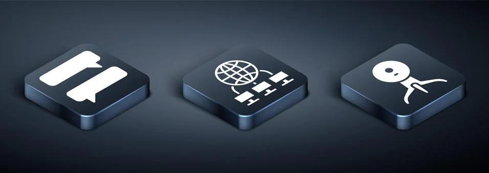 Set Isometric Speech bubble chat, Web camera and Computer network icon. Vector Stock Illustration