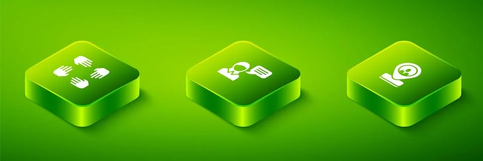 Set Isometric Speech bubble chat, Worker location and Project team base icon Stock Illustration