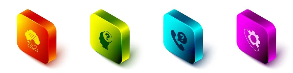 Set Isometric Speech bubble chat, Head with question mark, Telephone 24 hou.. Stock Illustration